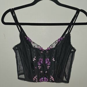 Victoria Secrets lack Lace Crop Top/corsette  with Purple Floral Embroidery